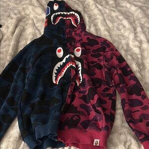 Bape Navy Blue and Burgundy Shark Mouth Bomber Jacket